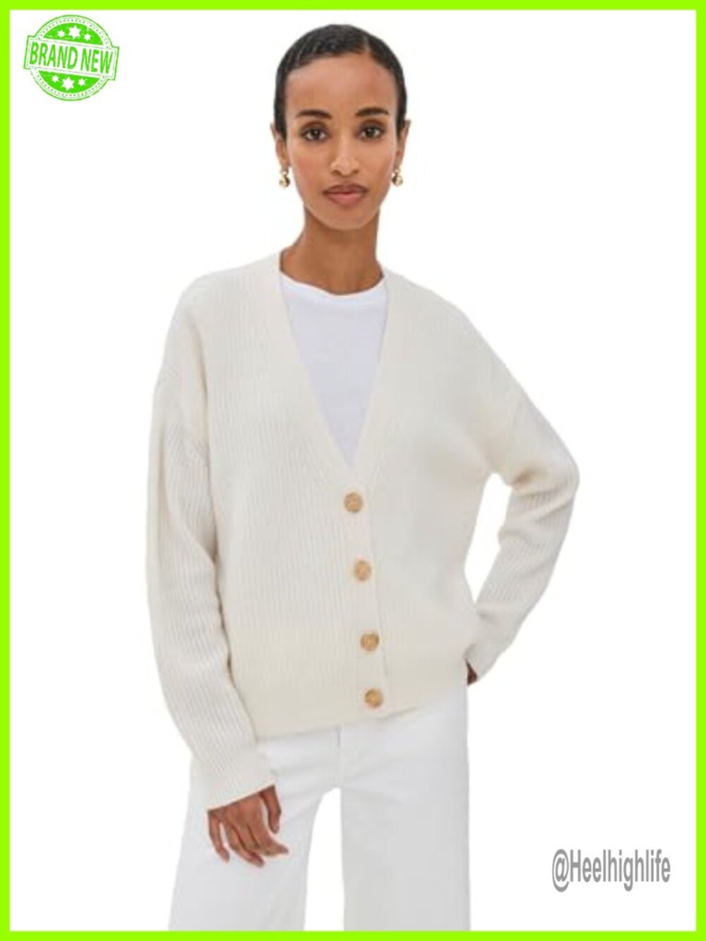 Cropped Cashmere Cocoon Cardigan V-Neck Long Sleeve Ribbed Knit